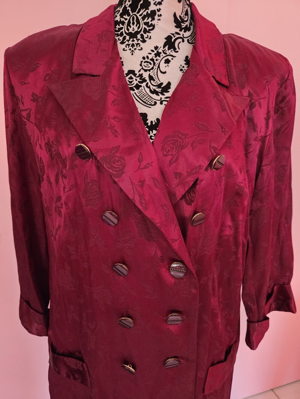 Vintage 80s Double-Breasted Rose Jacquard Skirt Suit